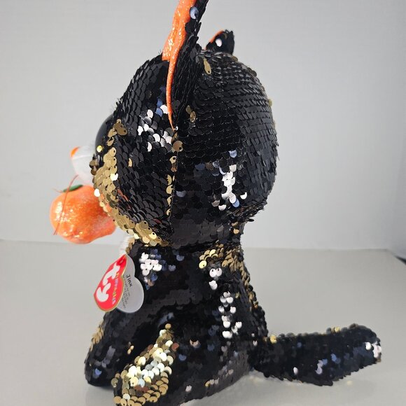 Ty Flippables Sequin Plush Jinx The Black Cat With Pumpkin Large Size 10.5" - Picture 4 of 8